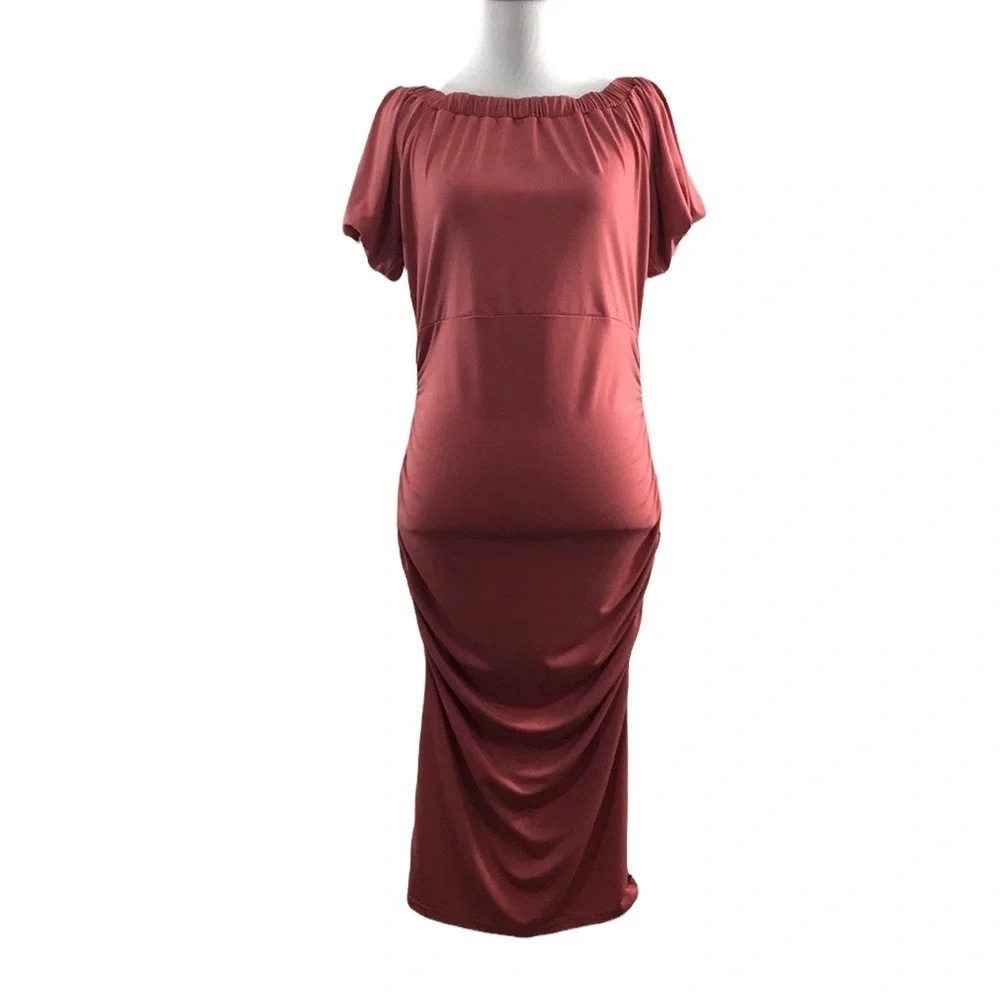 Kimi + Kai Pink Ruched Becka Maternity Midi Dress Womens XS Short Sleeve